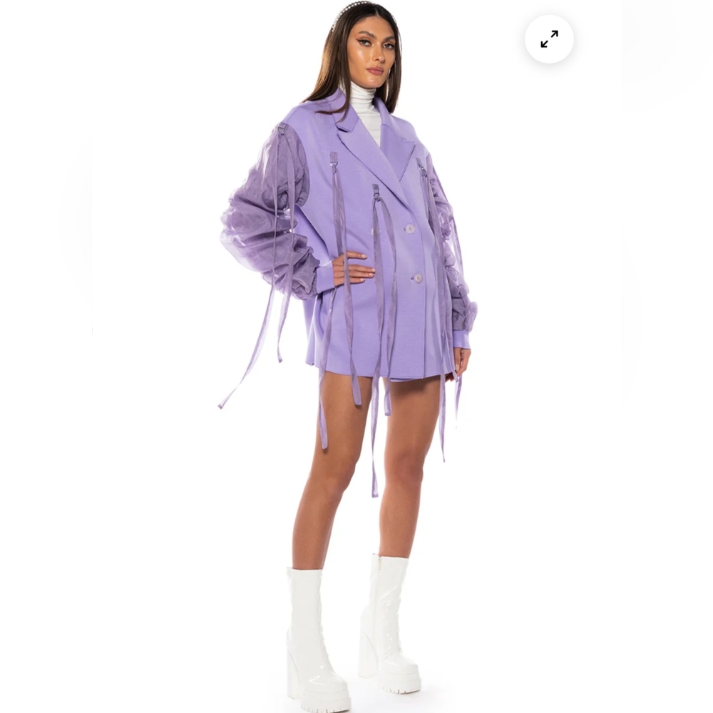 AKIRA Lavender Purple Double-Breasted Jacket Coat Blazer with Tie-Detail Sleeves